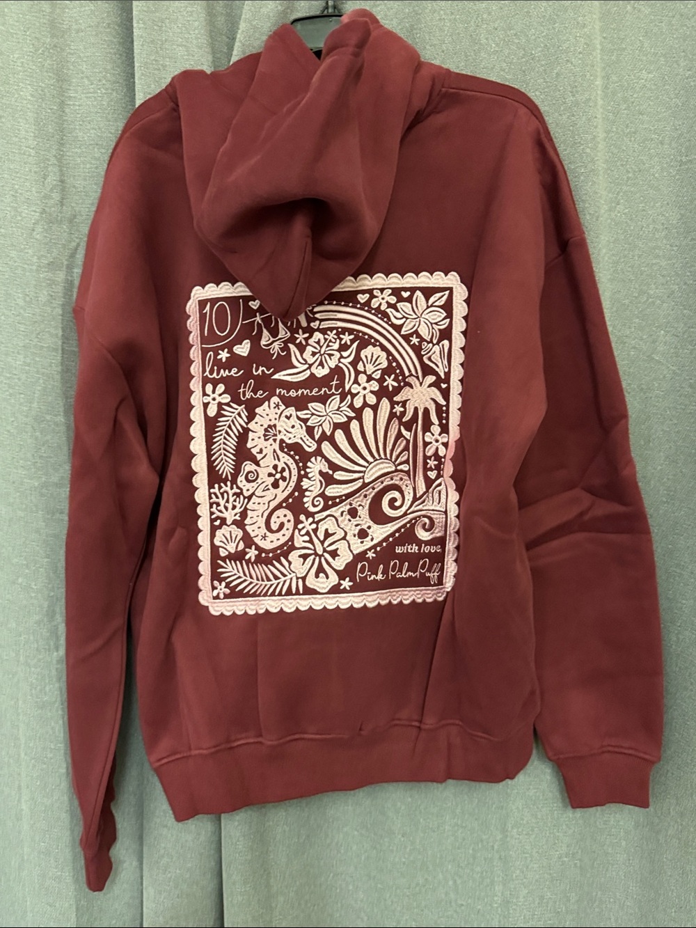 Pink Palm Puff Women's Maroon Hoodie - Picture 8 of 12